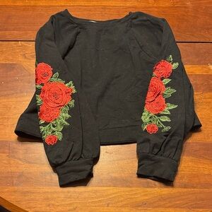 Blue Rain Black Top with Red Floral Design